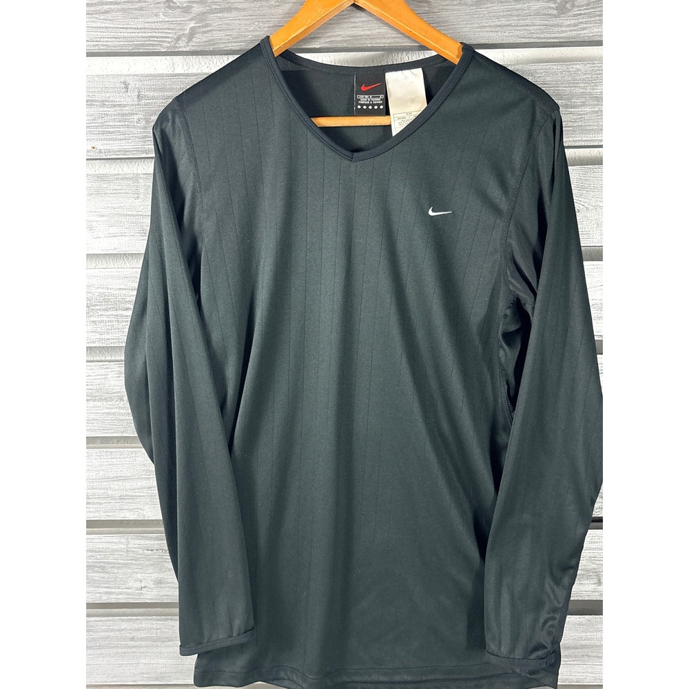 Nike Alpha Project Black V-Neck Long Sleeve Pinstriped Shirt Women L Vintage y2k